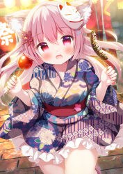 Rule 34 | 1girl, animal ears, blush, candy apple, cat ears, chocolate banana, commentary request, cowboy shot, fang, floral print, floral print kimono, food, fox mask, frills, hair between eyes, hair ornament, hands up, highres, holding, holding food, japanese clothes, kimono, kotoriifu, long sleeves, looking at viewer, mask, mask on head, original, outdoors, pink eyes, pink hair, revision, sash, solo, summer festival, thighs, wide sleeves, yukata
