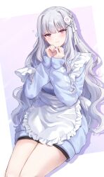 Rule 34 | 1girl, absurdres, apron, black shorts, blue hoodie, blunt bangs, blush, braid, cowboy shot, dot nose, eyelashes, flying sweatdrops, food-themed hair ornament, frilled apron, frills, grey hair, hair intakes, hair ornament, hair ribbon, highres, hood, hoodie, idolmaster, idolmaster (classic), idolmaster million live!, idolmaster million live! theater days, jersey maid, long hair, long sleeves, looking at viewer, maid, own hands together, purple eyes, reve pur, ribbon, shijou takane, shorts, simple background, sleeves past wrists, smile, solo, thighs, unconventional maid, very long hair, wavy hair, white ribbon, x hair ornament, zipper