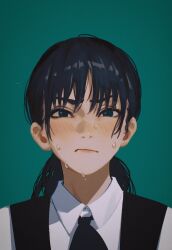 Rule 34 | 1girl, annoyed, black hair, black necktie, blush, chainsaw man, collared shirt, frown, green background, green eyes, highres, looking at viewer, mitaka asa, necktie, ponytail, shirt, simple background, solo, sweat, white shirt, yao liao wang