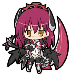 Rule 34 | 1girl, bad id, bad pixiv id, black wings, blush, bridal gauntlets, brown eyes, character request, chibi, covered navel, emil chronicle online, full body, hair between eyes, headgear, juliet sleeves, leotard, long hair, long sleeves, low wings, nose blush, puffy sleeves, purple hair, ri-net, simple background, solo, standing, white background, white leotard, wings