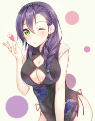 Rule 34 | 10s, 1girl, ;o, braid, breasts, china dress, chinese clothes, cleavage, cleavage cutout, clothing cutout, dress, green eyes, hair over shoulder, heart, large breasts, leaning forward, long hair, looking at viewer, love live!, love live! school idol festival, love live! school idol project, md5 mismatch, no bra, no panties, one eye closed, purple hair, resolution mismatch, shuuichi, simple background, single braid, smile, solo, source smaller, tojo nozomi