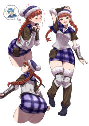 Rule 34 | alain (unicorn overlord), armor, ass, blue hat, blue skirt, bracer, breastplate, green eyes, hat, highres, humitan, knee guards, mithraic cap, phrygian cap, pileus, plaid clothes, plaid skirt, red hair, skirt, thighhighs, thighs, unicorn overlord, yufini (unicorn overlord)