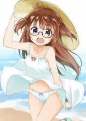 Rule 34 | 1girl, ahoge, arm up, bare arms, bare shoulders, beach, black-framed eyewear, blue eyes, blue footwear, blue panties, blurry, blurry background, blush, bow, bow panties, breasts, brown hair, clothes lift, collarbone, commentary request, day, depth of field, dress, dress lift, glasses, hair between eyes, hand on headwear, hat, highres, long hair, looking at viewer, navel, ocean, open mouth, original, outdoors, panties, sand, sekira ame, semi-rimless eyewear, sleeveless, sleeveless dress, small breasts, solo, standing, standing on one leg, straw hat, sundress, sweat, two side up, under-rim eyewear, underwear, very long hair, watch, water, white dress, wind, wind lift, wristwatch