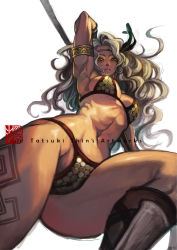 Rule 34 | 1girl, amazon (dragon&#039;s crown), arm up, armlet, armor, armpits, bikini armor, blonde hair, breasts, cameltoe, dragon&#039;s crown, foreshortening, from below, green eyes, long hair, looking at viewer, looking down, muscular, muscular female, sayo tanku, solo