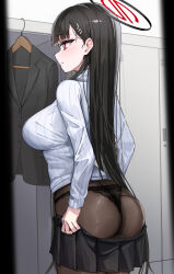 Rule 34 | 1girl, absurdres, asashin (asn), ass, black hair, black panties, black pantyhose, black skirt, blazer, blue archive, blush, breasts, bright pupils, closed mouth, cowboy shot, dressing, from side, hair ornament, hairpin, halo, highres, indoors, jacket, lace, lace-trimmed panties, lace trim, large breasts, locker, locker room, long hair, long sleeves, looking ahead, miniskirt, panties, panties under pantyhose, pantyhose, pleated skirt, red eyes, ribbed sweater, rio (blue archive), skirt, skirt hold, solo, straight hair, sweater, underwear, unworn jacket, very long hair, voyeurism, white pupils, white sweater