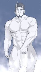 Rule 34 | 1boy, abs, bara, beard, broken horn, covering crotch, covering privates, demon boy, demon horns, facial hair, feet out of frame, full beard, greyscale with colored background, highres, horns, kansuke (kansuke 717), large pectorals, live a hero, looking at viewer, male focus, mature male, muscular, muscular male, navel, nessen (live a hero), nipples, nude cover, pectorals, short hair, solo, standing, stomach, thick eyebrows, thick thighs, thighs, topless male