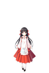 Rule 34 | 1girl, absurdres, black footwear, black hair, blush, bow, closed mouth, cura, full body, hachiroku (maitetsu), hair bow, hakama, hakama skirt, highres, japanese clothes, kimono, long hair, long sleeves, maitetsu, miko, negative space, pantyhose, pigeon-toed, red bow, red eyes, red hakama, ribbon-trimmed sleeves, ribbon trim, shoes, simple background, skirt, sleeves past wrists, smile, solo, standing, very long hair, white background, white kimono, white pantyhose, wide sleeves