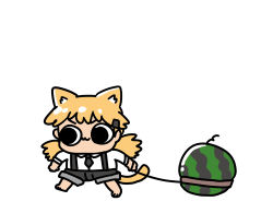 Rule 34 | 1girl, :3, afei (sfma3248), animal ears, barefoot, black eyes, black necktie, black shorts, blonde hair, cat ears, cat tail, chibi, chinese commentary, commentary request, food, fruit, full body, girls&#039; frontline, hair ornament, hairclip, highres, holding, holding leash, idw (girls&#039; frontline), leash, leash pull, long hair, looking to the side, necktie, shorts, solid circle eyes, solo, tail, twintails, v-shaped eyebrows, walking, watermelon