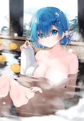 Rule 34 | 1girl, absurdres, bare shoulders, blue eyes, blue hair, blush, breasts, cleavage, collarbone, convenient censoring, eikaa, food, fruit, hair ornament, highres, holding, holding towel, knees up, large breasts, looking at viewer, nude, onsen, parted lips, partially submerged, re:zero kara hajimeru isekai seikatsu, rem (re:zero), scan, short hair, simple background, sitting, snowing, solo, steam, steam censor, towel, water, wet, x hair ornament