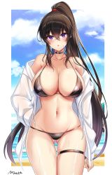 Rule 34 | 1girl, absurdres, bare shoulders, bikini, black bikini, black choker, black hair, breasts, choker, cleavage, cloud, collarbone, counter:side, covered erect nipples, cowboy shot, gluteal fold, halterneck, halterneck, hand on own hip, highres, jacket, large breasts, long hair, long sleeves, looking at viewer, maett, navel, off shoulder, open clothes, open jacket, parted lips, ponytail, purple eyes, simple background, skindentation, solo, standing, stomach, string bikini, swimsuit, thigh strap, thighs, very long hair, wet, white jacket, yoo mina
