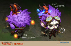 Rule 34 | 1boy, animal, animal on head, artist name, black eyes, brown gloves, character name, commentary, dragon, dragon trainer heimerdinger, full body, gloves, goggles, goggles on head, heimerdinger, highres, holding, holding scroll, horns, league of legends, looking at viewer, magnifying glass, multiple views, official alternate costume, on head, pink hair, scroll, standing, vladbacescu, watermark, web address, wings, yordle