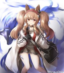 Rule 34 | 1girl, absurdres, angelina (arknights), animal ears, arknights, bag, black gloves, blouse, brown hair, closed mouth, coat, dated, feet out of frame, female focus, gloves, grey choker, grey shirt, grey shorts, hairband, highres, infection monitor (arknights), klaius, long hair, long sleeves, looking at viewer, material growth, open clothes, open coat, oripathy lesion (arknights), red eyes, shirt, shorts, shoulder bag, smile, solo, twintails, twitter username, white coat