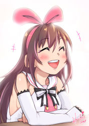 Rule 34 | +++, 1girl, 2018, :d, ^ ^, alternate breast size, bare shoulders, blush, bow, bowtie, breasts, brown hair, buttons, closed eyes, crossed arms, detached sleeves, hair between eyes, hairband, heart, hori shin, kizuna ai, kizuna ai inc., lace-trimmed sleeves, lace trim, lips, long hair, long sleeves, medium breasts, multicolored hair, no bra, open mouth, pink hair, pink hairband, pink ribbon, ribbon, sailor collar, school uniform, serafuku, sideboob, signature, simple background, sleeves past wrists, smile, solo, straight hair, streaked hair, striped bow, striped bowtie, striped clothes, striped neckwear, teeth, two-tone hair, upper body, virtual youtuber, white background, white sailor collar