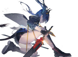 Rule 34 | 1girl, arknights, belt, blue hair, ch&#039;en (arknights), dragon horns, dragon tail, full body, highres, holding, holding sword, holding weapon, horns, id card, jacket, kuroduki (pieat), long hair, looking at viewer, looking back, red eyes, shirt, short shorts, shorts, simple background, solo, sparks, sword, tail, weapon, white background