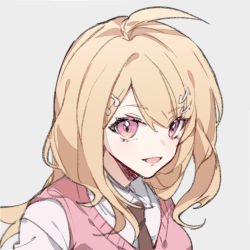 Rule 34 | 1girl, ahoge, akamatsu kaede, blonde hair, breasts, brown necktie, chinese commentary, collared shirt, commentary request, danganronpa (series), danganronpa v3: killing harmony, fortissimo, grey background, hair ornament, long hair, looking at viewer, musical note, musical note hair ornament, necktie, open mouth, pink eyes, pink vest, shirt, simple background, sketch, smile, solo, sweater vest, vest, white shirt, yusa (yusa0751)