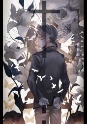 Rule 34 | 1boy, aesop carl, arms behind back, artist name, black border, border, bug, butterfly, cross, flower, from behind, gloves, grey eyes, grey hair, highres, identity v, bug, kukatsuma, lily (flower), long sleeves, looking at viewer, looking back, male focus, mask, medium hair, mouth mask, ponytail, skeleton, solo, surgical mask, twitter username, white flower, white gloves