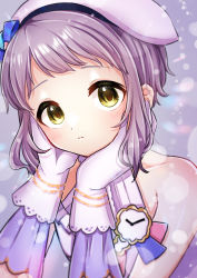 Rule 34 | 1girl, absurdres, bare shoulders, beret, blush, bubble background, clock, collarbone, commentary request, dress, expressionless, gloves, hands on own cheeks, hands on own face, hat, highres, idolmaster, idolmaster million live!, looking at viewer, makabe mizuki, marieshi, purple background, purple dress, purple hair, short hair, sidelocks, sleeveless, sleeveless dress, solo, upper body, white gloves, white hat, yellow eyes