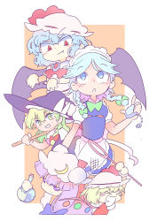 Rule 34 | &gt; &lt;, 5girls, apron, arms up, ascot, bat wings, black hat, black wings, blonde hair, blue eyes, blue hair, blush, blush stickers, bottle, bow, braid, closed eyes, cork, crescent, crescent pin, fang, fang out, flandre scarlet, flask, gradient hair, green bow, grin, hair between eyes, hair bow, hat, hat bow, highres, holding, izayoi sakuya, kirisame marisa, long hair, looking at viewer, looking up, maid headdress, mob cap, moyazou (kitaguni moyashi seizoujo), multicolored hair, multiple girls, net, open mouth, patchouli knowledge, pink hat, pocket watch, pointy ears, potion, puffy short sleeves, puffy sleeves, purple eyes, purple hair, red bow, red eyes, remilia scarlet, round-bottom flask, short hair, short sleeves, side braid, single braid, smile, touhou, twin braids, two-tone hair, waist apron, watch, white apron, white bow, white hat, wings, witch hat, yellow eyes