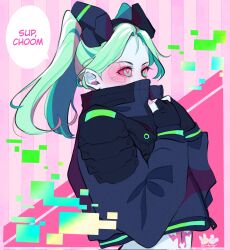 Rule 34 | 1girl, black gloves, black hairband, black jacket, cinnabunnyart, colored sclera, commentary, corrupted twitter file, covered mouth, cyberpunk (series), cyberpunk edgerunners, english commentary, fingerless gloves, from side, gloves, green eyes, green hair, hairband, highres, jacket, navel, pink nails, pink sclera, rebecca (cyberpunk), signature, solo, stomach tattoo, tattoo, twintails, upper body