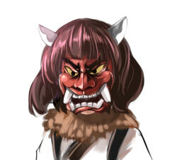 Rule 34 | 1girl, blunt bangs, brown hair, brown scarf, character request, check character, commentary request, fur scarf, horns, japanese clothes, kimono, mask, oni mask, red mask, scarf, shiroino (shirayuki mutsuki), short hair, simple background, small horns, solo, touhoku kiritan, upper body, voiceroid, white background, white horns, white kimono