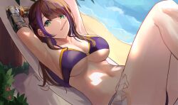 Rule 34 | 1girl, absurdres, aka virtual, alternate costume, armpits, arms behind head, arms up, beach, bikini, blunt bangs, breasts, brown hair, cleavage, commentary, dobure18, english commentary, frederett, green eyes, hammock, head rest, highres, knees up, large breasts, long hair, looking at viewer, lying, mouth hold, multicolored hair, on back, outdoors, popsicle stick, purple bikini, purple hair, sand, shade, sideways glance, solo, streaked hair, swimsuit, twitter username, two-tone hair, underboob, virtual youtuber, water
