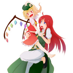 Rule 34 | 2girls, :d, ahoge, bacho, barefoot, blonde hair, blue eyes, borrowed clothes, braid, carrying, fangs, feet, female focus, flandre scarlet, hand on headwear, hat, unworn hat, unworn headwear, headwear switch, highres, holding hands, hong meiling, long hair, multiple girls, navel, open mouth, red eyes, red hair, side ponytail, simple background, slit pupils, smile, touhou, twin braids, white background, wings