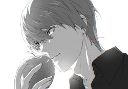 Rule 34 | 1boy, apple, black shirt, close-up, death note, eating, food, fruit, greyscale, hair between eyes, highres, holding, holding food, holding fruit, looking to the side, male focus, monochrome, parted lips, shirt, short hair, smirk, solo, taso (harutsukimikan), twitter username, upper body, white background, yagami light