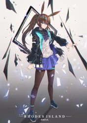 Rule 34 | 1girl, absurdres, amiya (arknights), animal ears, anklet, arknights, ascot, bad id, bad pixiv id, black ascot, black coat, blue eyes, blue footwear, blue skirt, brown hair, brown pantyhose, closed mouth, coat, full body, gradient background, grey background, highres, hood, hooded coat, jewelry, long hair, long sleeves, looking at viewer, miniskirt, neon (hhs9444), open clothes, open coat, pantyhose, pleated skirt, ponytail, rabbit ears, rabbit girl, serious, shirt, sidelocks, skirt, solo, standing, striped clothes, striped shirt, thighlet, vertical-striped clothes, vertical-striped shirt, white shirt