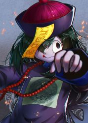 Rule 34 | 10s, 1girl, asui tsuyu, black eyes, black hair, blue skin, blurry, boku no hero academia, chinese clothes, chromatic aberration, colored skin, depth of field, frog girl, hair over one eye, hat, jiangshi, long hair, long tongue, looking at viewer, low-tied long hair, monster girl, mowmow26, qingdai guanmao, solo, tongue, tongue out, undead, zombie