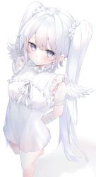 Rule 34 | 1girl, absurdres, angel, angel wings, bandaged arm, bandages, bare legs, bow, bowtie, breasts, closed mouth, dress, feathered wings, frilled dress, frills, from above, highres, light blush, long hair, looking at viewer, medium breasts, morino wako, original, purple eyes, shadow, simple background, solo, standing, tearing up, twintails, very long hair, white background, white bow, white bowtie, white dress, white hair, white wings, wings