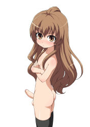 Rule 34 | 1girl, aisaka taiga, ass, back, bad id, bad pixiv id, breasts, brown eyes, brown hair, censored, convenient censoring, crossed arms, ereraero, foreskin, futanari, long hair, looking at viewer, looking back, looking up, nude, penis, phimosis, simple background, solo, standing, testicles, thighhighs, toradora!, white background