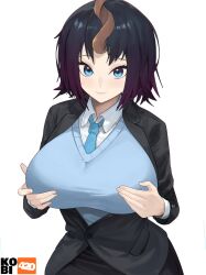 Rule 34 | 1girl, artist logo, artist name, black hair, black jacket, black skirt, blue eyes, blue necktie, blue vest, breasts, closed mouth, collared shirt, commentary, dragon girl, dragon horns, dress shirt, elma (maidragon), gradient hair, hands on own breasts, highres, horns, jacket, kobayashi-san chi no maidragon, kobi420, lapels, large breasts, light blush, long sleeves, looking at viewer, multicolored hair, necktie, office lady, pencil skirt, purple hair, shirt, short hair, simple background, single horn, skirt, smile, solo, suit jacket, symbol-only commentary, vest, white background, white shirt
