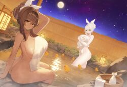 Rule 34 | 2girls, arm support, ass, blanc (nikke), bottle, breasts, brown eyes, brown hair, butt crack, cleavage, goddess of victory: nikke, hand up, highres, huge breasts, large breasts, looking at viewer, moon, multiple girls, noir (nikke), onsen, plant, rubber duck, sitting, star (sky), towel, white hair, wine bottle, yellow eyes, zhaimao mao