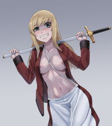 Rule 34 | 1girl, blonde hair, blue background, blue eyes, blush, breasts, earl grey (girls und panzer), girls und panzer, grin, highres, large breasts, long hair, looking at viewer, medium breasts, military, military uniform, navel, nipples, no bra, open clothes, pants, smile, solo, st. gloriana&#039;s military uniform, sword, uniform, weapon, white pants