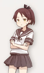 Rule 34 | 10s, 1girl, bow, brown hair, cowboy shot, crossed arms, grey background, hair bow, kantai collection, looking at viewer, personification, pleated skirt, ponytail, school uniform, serafuku, shikinami (kancolle), simple background, skirt, solo, sweat, unyon, yellow eyes