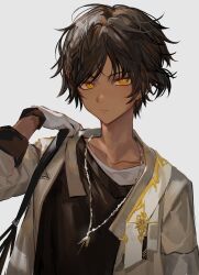 Rule 34 | 1boy, arknights, arm up, bag, black hair, black shirt, brown coat, brown hair, coat, commentary, dark-skinned male, dark skin, frown, gloves, grey background, highres, jewelry, looking at viewer, male focus, necklace, shirt, short ponytail, simple background, solo, thorns (arknights), undershirt, upper body, white gloves, white shirt, yellow eyes, zaso