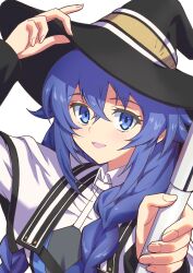 Rule 34 | 1girl, blue eyes, blue hair, braid, capelet, collar, flat chest, hair between eyes, hand on headwear, hat, highres, holding, holding staff, light blush, long hair, looking at viewer, mage staff, mushoku tensei, open mouth, roxy migurdia, smile, solo, somasoutaro, staff, twin braids, upper body, white capelet, white collar, witch hat