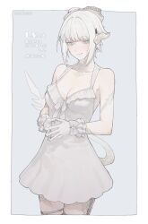 Rule 34 | 1girl, au ra, bare shoulders, blue background, blue eyes, border, bow, breasts, cleavage, collarbone, cowboy shot, dragon girl, dragon horns, dragon tail, dress, final fantasy, final fantasy xiv, frilled dress, frilled gloves, frills, garter straps, gloves, hair bow, horns, looking at viewer, outside border, own hands together, scales, short hair, simple background, sleeveless, sleeveless dress, smile, solo, standing, steepled fingers, tail, uzu (lne11o), warrior of light (ff14), white border, white dress, white gloves, white hair