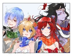 Rule 34 | 2boys, 2girls, :d, armor, arms up, bare arms, bare shoulders, blonde hair, blue background, blue butterfly, blue eyes, blue flower, blue hair, blue rose, blue scarf, border, breasts, bug, butterfly, cleavage, colored skin, europa (granblue fantasy), eyelashes, flower, gauntlets, godsworn alexiel, granblue fantasy, green scarf, grimnir (granblue fantasy), hair flower, hair ornament, hair ribbon, hand on own chin, highres, insect, long hair, looking at viewer, lower teeth only, medium breasts, multiple boys, multiple girls, one eye closed, open mouth, orange scarf, pectorals, pink ribbon, plaid, plaid scarf, purple eyes, purple flower, purple rose, purple skin, red eyes, red flower, red hair, red rose, red scarf, ribbon, rose, scarf, shiva (final fantasy), short hair, simple background, smile, snake, sparkle, teeth, tiara, white snake, yakota (usuk-yako)