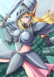 Rule 34 | 1girl, armlet, armor, black gloves, black shirt, blonde hair, blush stickers, breastplate, breasts, commentary, dark magician girl, dark magician girl the dragon knight, dragon, duel monster, elbow gloves, fingerless gloves, gloves, green eyes, grin, helmet, highres, holding, holding sword, holding weapon, knight, large breasts, long hair, looking at viewer, midriff, misakura aoi, pink skirt, scales, shirt, shoulder armor, skirt, smile, sword, teeth, the eye of timaeus, weapon, yu-gi-oh!