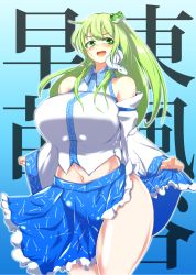 Rule 34 | &gt;:), 1girl, :d, bare shoulders, blush, breasts, character name, crop top, curvy, detached sleeves, frilled skirt, frills, frog hair ornament, gradient background, green eyes, green hair, hair ornament, hair tubes, highres, huge breasts, kochiya sanae, long hair, looking at viewer, midriff, navel, open mouth, pandain, shiny skin, side slit, skirt, smile, snake hair ornament, solo, thick thighs, thighs, touhou, v-shaped eyebrows, wide hips