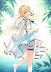 Rule 34 | 1girl, angel wings, bare arms, bare legs, bare shoulders, barefoot, blonde hair, blue eyes, blurry, blurry foreground, commentary request, dress, earrings, from behind, highres, jewelry, long hair, looking at viewer, looking back, noele (toosaka asagi), open mouth, original, outdoors, skirt hold, sleeveless, sleeveless dress, smile, solo, standing, standing on one leg, sundress, toosaka asagi, water, white dress, white wings, wings