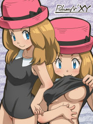 Rule 34 | 10s, 1girl, alternate color, armpits, awa, bare shoulders, black shirt, black thighhighs, blouse, blue eyes, blush, bottomless, bow, breasts, brown hair, cleavage, clothes lift, collarbone, copyright name, covered erect nipples, creatures (company), game freak, hat, long hair, mouth hold, nintendo, no bra, pokemon, pokemon xy, serena (pokemon), shirt, shirt lift, sleeveless, sleeveless shirt, smile, solo, thighhighs, underboob