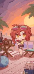 Rule 34 | 1girl, absurdres, alcohol, black shorts, bottle, breasts, cake, chibi, chinese commentary, commentary request, cup, eyewear on head, fence, flower, food, highres, holding, holding cup, honkai (series), honkai impact 3rd, jewelry, looking at viewer, medium hair, mole, mole on breast, murata himeko, murata himeko (scarlet fusion), necklace, official alternate costume, official art, official wallpaper, outdoors, red flower, red hair, red rose, rose, shorts, sky, small breasts, smile, standing, starfish, sun, sunset, thigh strap, tree, white flower, wine, wine bottle, yellow eyes