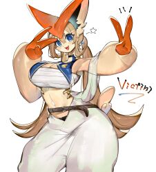 Rule 34 | 1girl, animal ears, arabian clothes, baggy pants, bell-bottoms, belt, black choker, blue eyes, blue jacket, blush, breasts, brown hair, choker, cleavage, creatures (company), cropped jacket, furry, furry female, game freak, gen 5 pokemon, highres, jacket, large breasts, large ears, legendary pokemon, long hair, looking at viewer, midriff, mythical pokemon, navel, nintendo, pants, pokemon, pokemon (creature), sarashi, smile, star (symbol), tail, togetoge, very long hair, victini, victory pose, wide sleeves