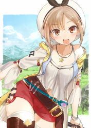 Rule 34 | 1girl, atelier (series), atelier ryza, atelier ryza 1, belt, beret, blue sky, blush, boots, breasts, brown belt, brown eyes, brown footwear, brown hair, collarbone, commentary request, dated, day, flask, hair ornament, hairclip, hat, highres, holding, holding staff, hood, hood down, hooded jacket, jacket, jewelry, leather, leather belt, leather boots, looking at viewer, mountain, necklace, open mouth, outdoors, pouch, red shorts, reisalin stout, round-bottom flask, shirt, short shorts, shorts, signature, sky, sleeveless, sleeveless jacket, solo, staff, standing, star (symbol), star necklace, thigh boots, thigh gap, thighhighs, thighhighs under boots, thighs, umino hotate, white hat, white shirt, white thighhighs, wristband, yellow jacket