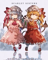 Rule 34 | 2girls, ascot, bat wings, blonde hair, crystal wings, dress, flandre scarlet, frills, hat, highres, laevatein (touhou), mob cap, multiple girls, oftooon, pointy ears, red ascot, red dress, red eyes, red ribbon, remilia scarlet, ribbon, shoes, short hair, side ponytail, simple background, smile, solo, touhou, white background, white dress, wings, yellow ascot