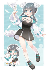 Rule 34 | 1girl, :d, animal, bird, black choker, black dress, blue eyes, blush, breasts, choker, cleavage, collarbone, commentary request, cropped jacket, dress, feathered wings, grey footwear, grey hair, hair ornament, hairclip, head wings, highres, indie virtual youtuber, jacket, kurata rine, kuratarine, long hair, long sleeves, looking to the side, medium breasts, multiple views, open clothes, open jacket, open mouth, outline, ribbed socks, shoes, sidelocks, smile, socks, virtual youtuber, white jacket, white outline, white socks, white wings, wide sleeves, wings