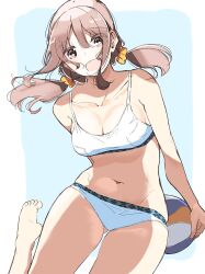 1girl :d absurdres ball barefoot beach_volleyball bikini breasts brown_eyes brown_hair cleavage collarbone commentary_request eyes_visible_through_hair feet gluteal_fold hair_ornament hair_scrunchie harukana_receive highres holding holding_ball looking_at_viewer medium_breasts navel nyoijizai oozora_haruka_(harukana_receive) open_mouth scrunchie sidelocks simple_background sketch smile solo standing standing_on_one_leg swimsuit thigh_gap thighs toes twintails volleyball volleyball_(object) white_bikini