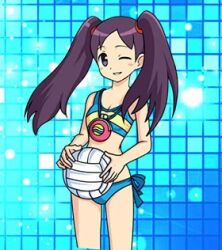 ball bikini blue_bikini blush breasts brown_hair capcom cleavage grey_eyes legs looking_at_viewer mega_man_(series) mega_man_battle_network official_art one_eye_closed rockman_xover shuko_kido_(mega_man) smile swimsuit twintails volleyball_(object) wink